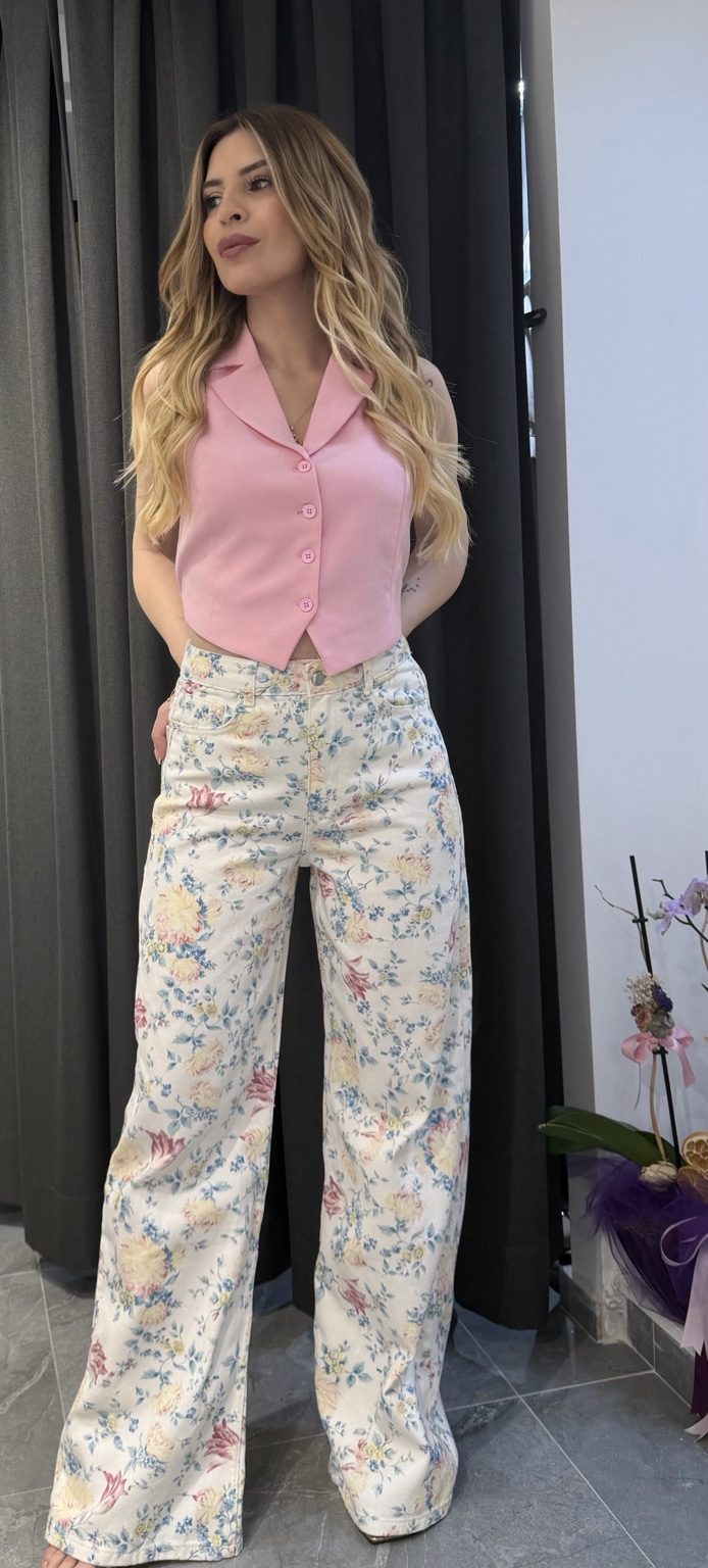 Mavi Beyaz Çiçekli jean