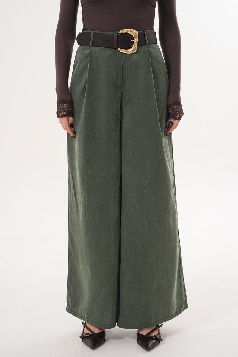 Tensel Kumaş Yağ Yeşili Kemer Detay Pantolon