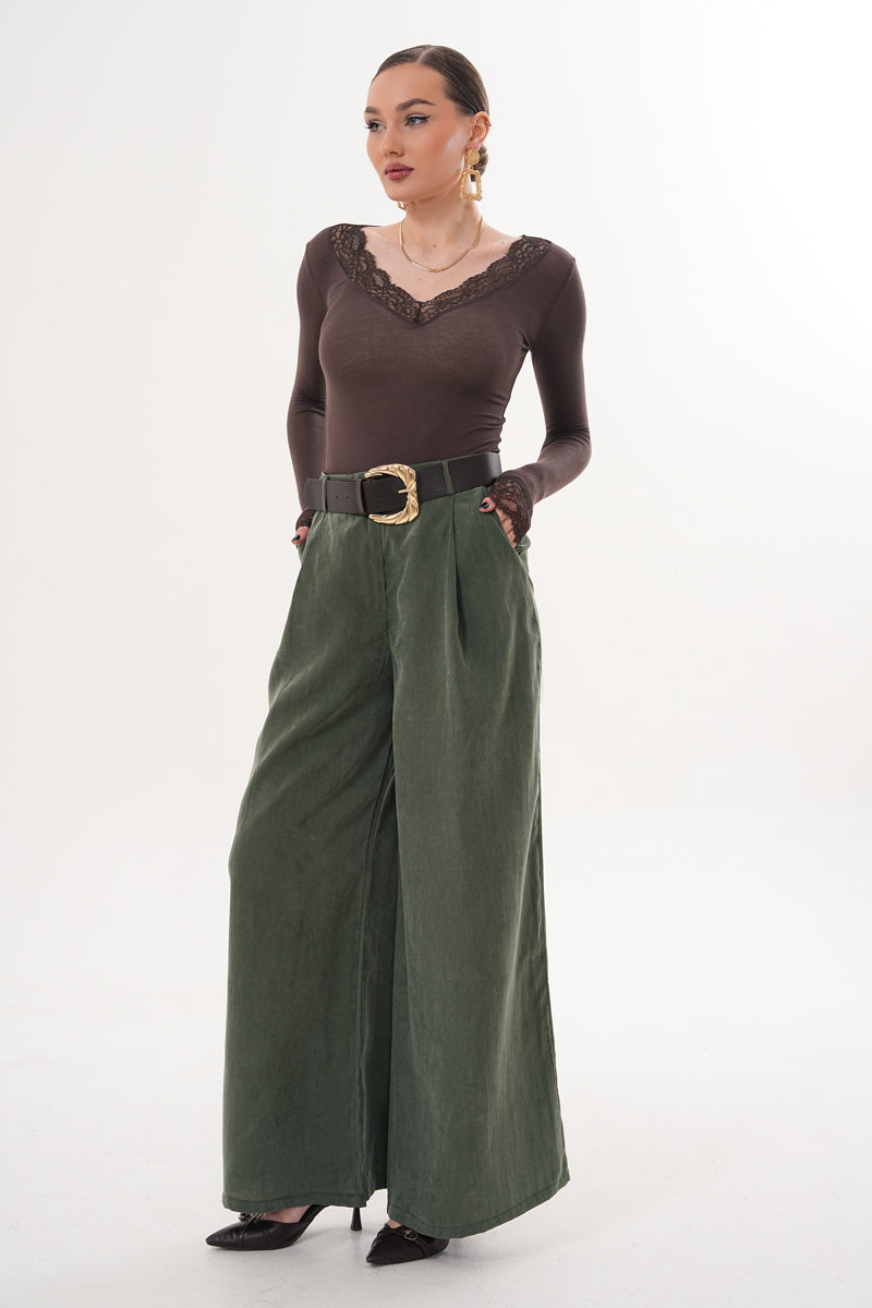 Tensel Kumaş Yağ Yeşili Kemer Detay Pantolon