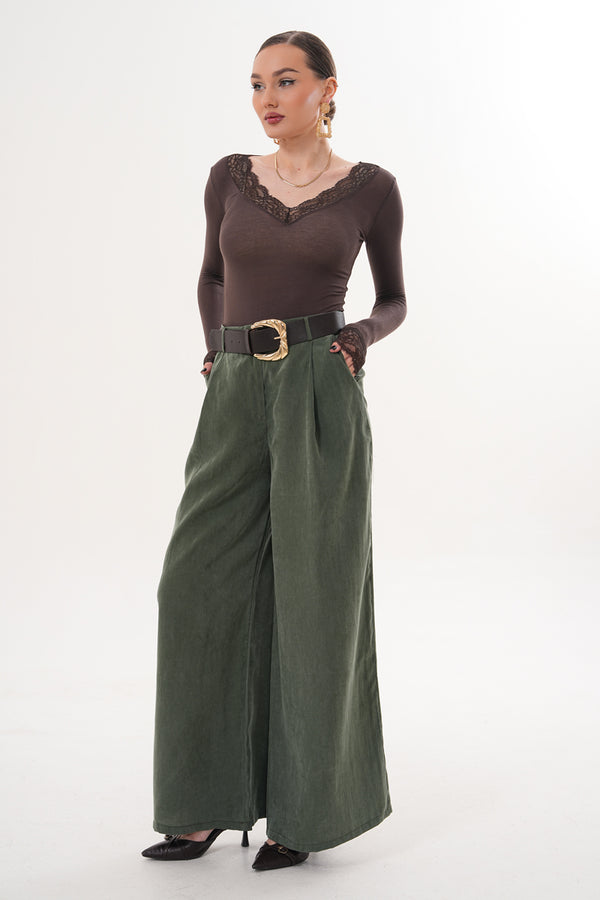 Tensel Kumaş Yağ Yeşili Kemer Detay Pantolon