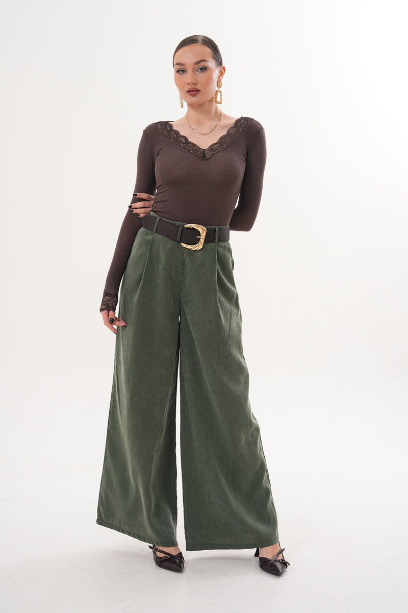 Tensel Kumaş Yağ Yeşili Kemer Detay Pantolon