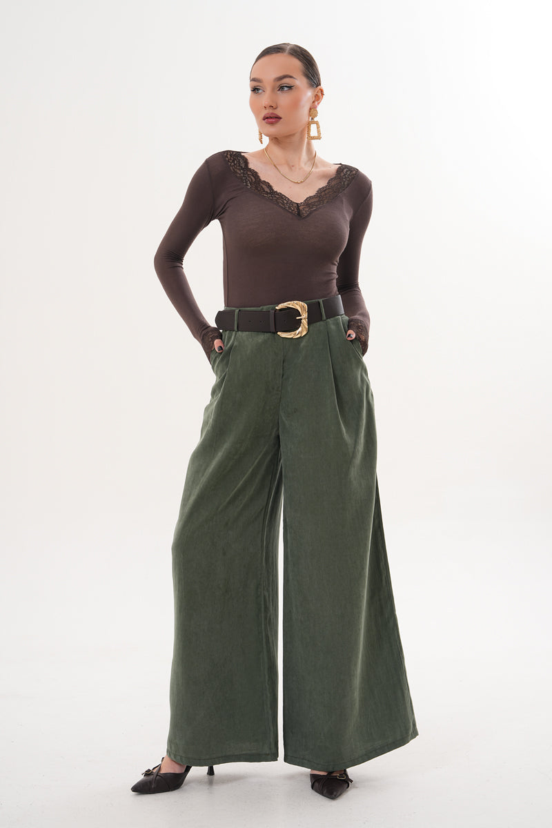Tensel Kumaş Yağ Yeşili Kemer Detay Pantolon