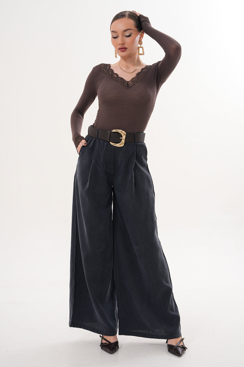 Tensel Kumaş Antrasit Kemer Detaylı Pantolon