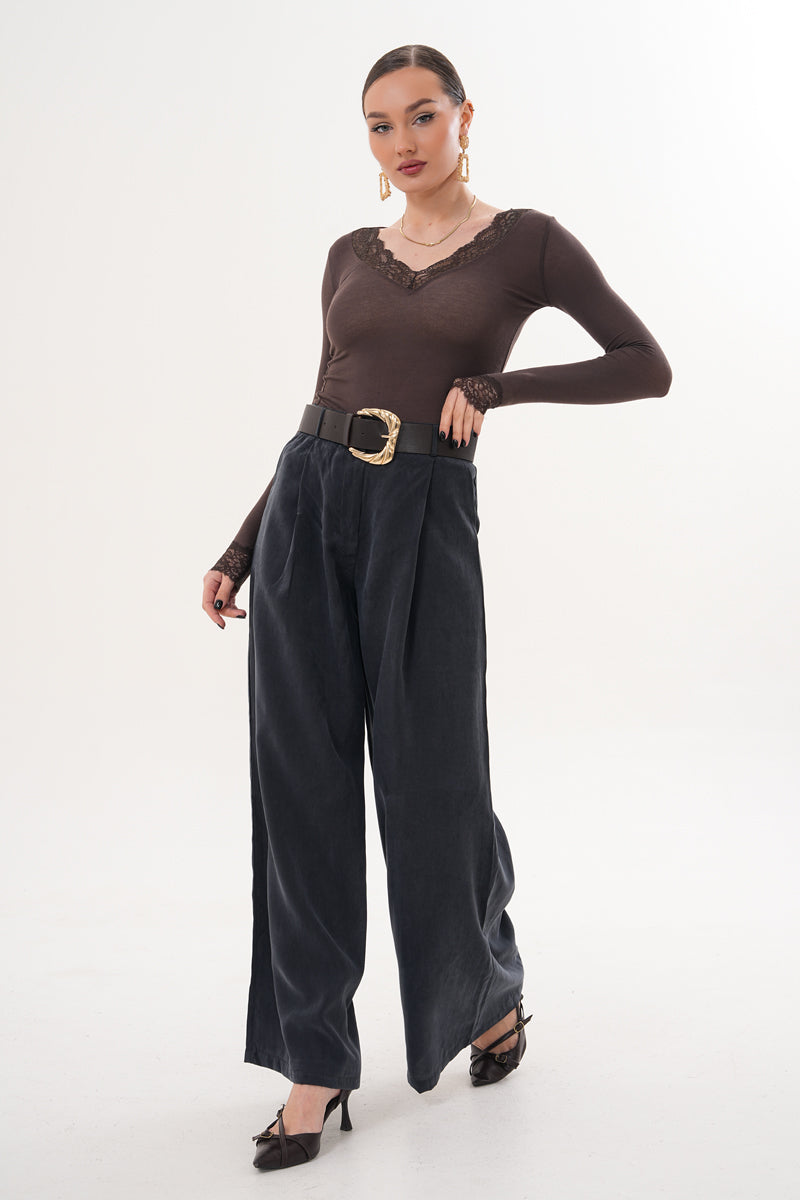 Tensel Kumaş Antrasit Kemer Detaylı Pantolon