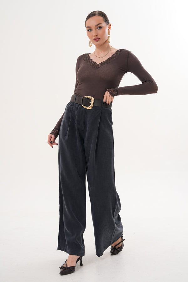 Tensel Kumaş Antrasit Kemer Detaylı Pantolon