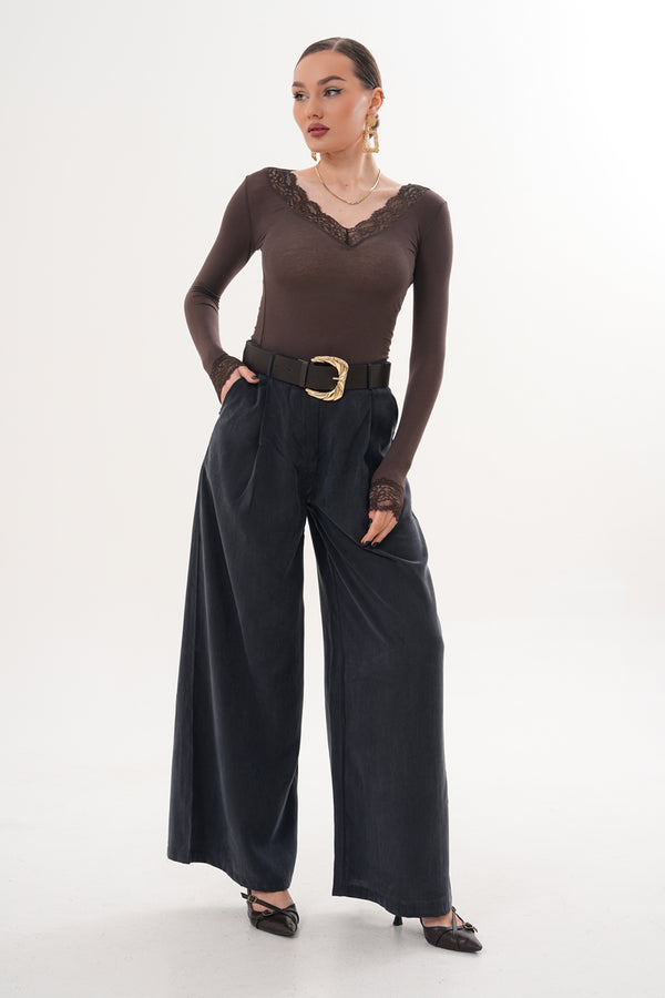 Tensel Kumaş Antrasit Kemer Detaylı Pantolon