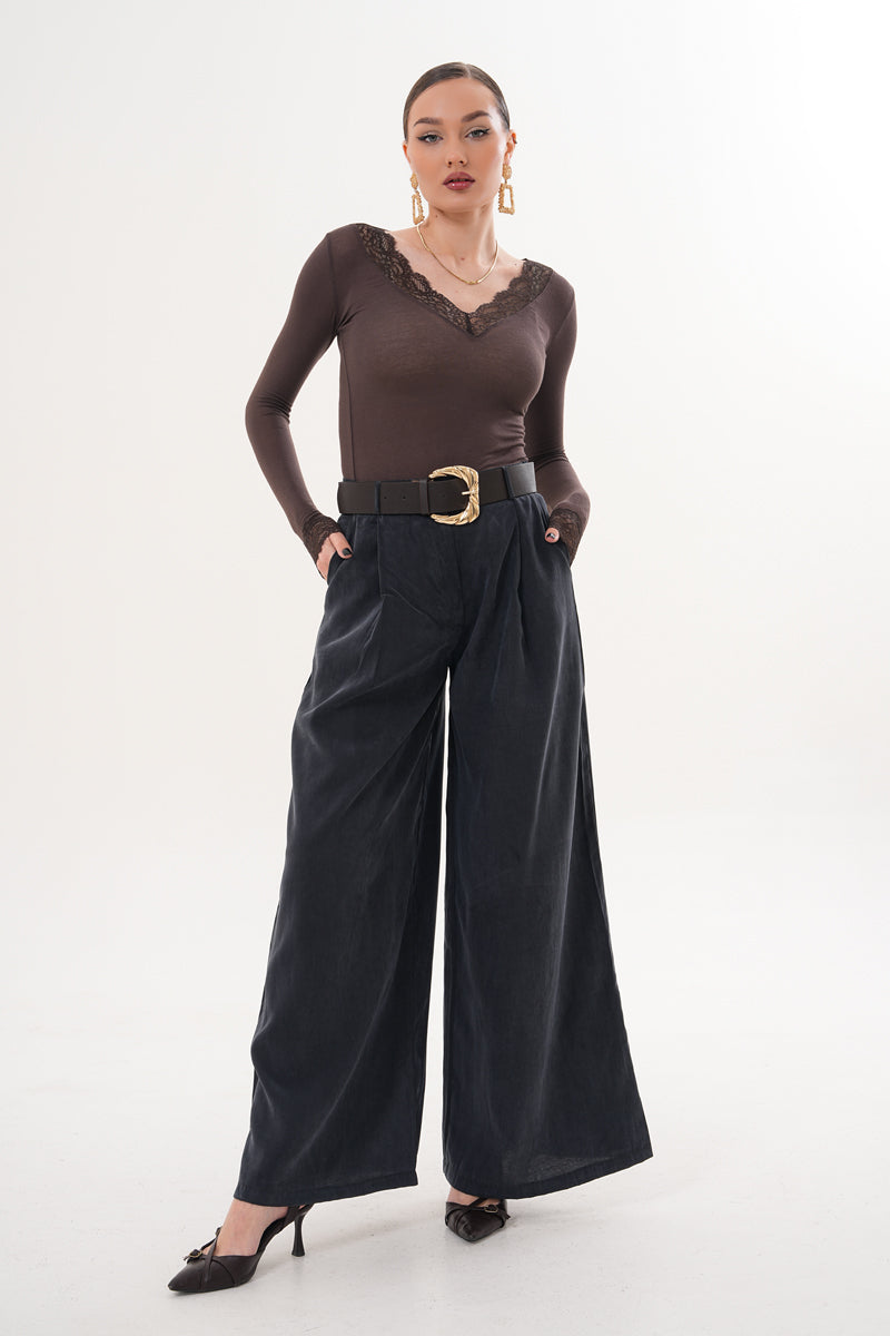 Tensel Kumaş Antrasit Kemer Detaylı Pantolon