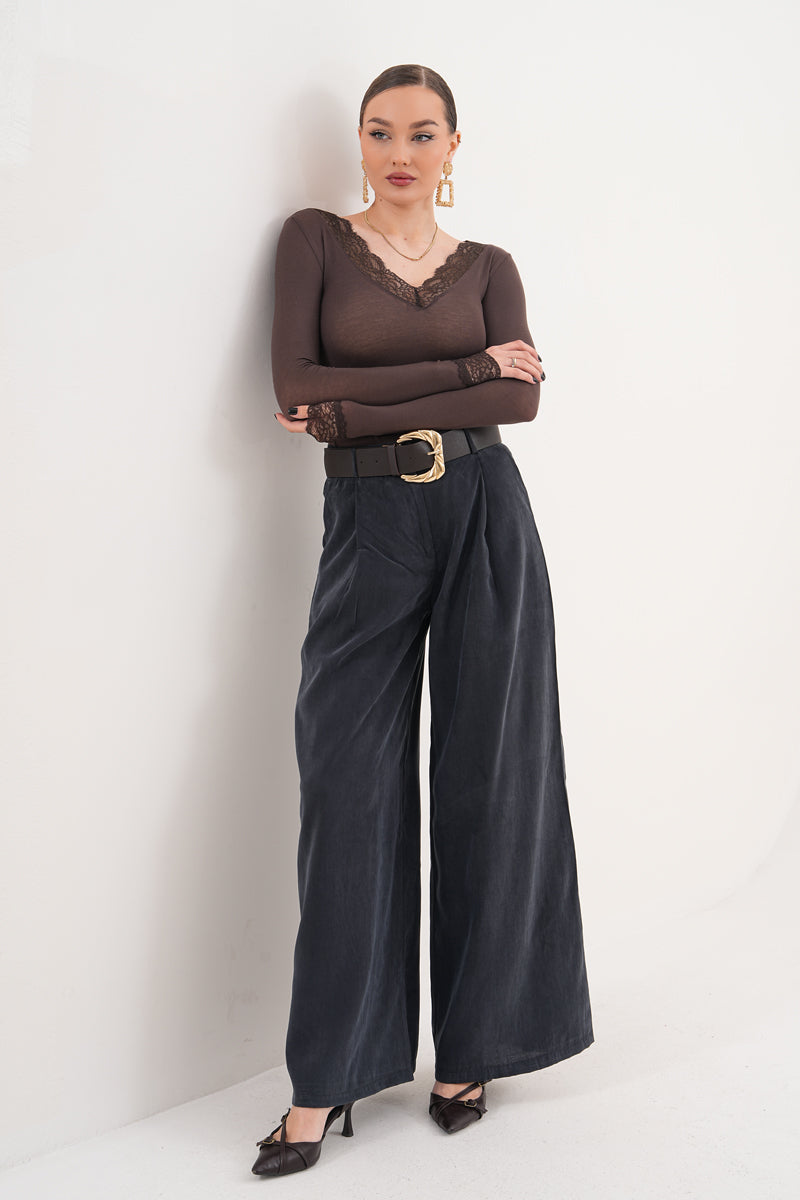 Tensel Kumaş Antrasit Kemer Detaylı Pantolon