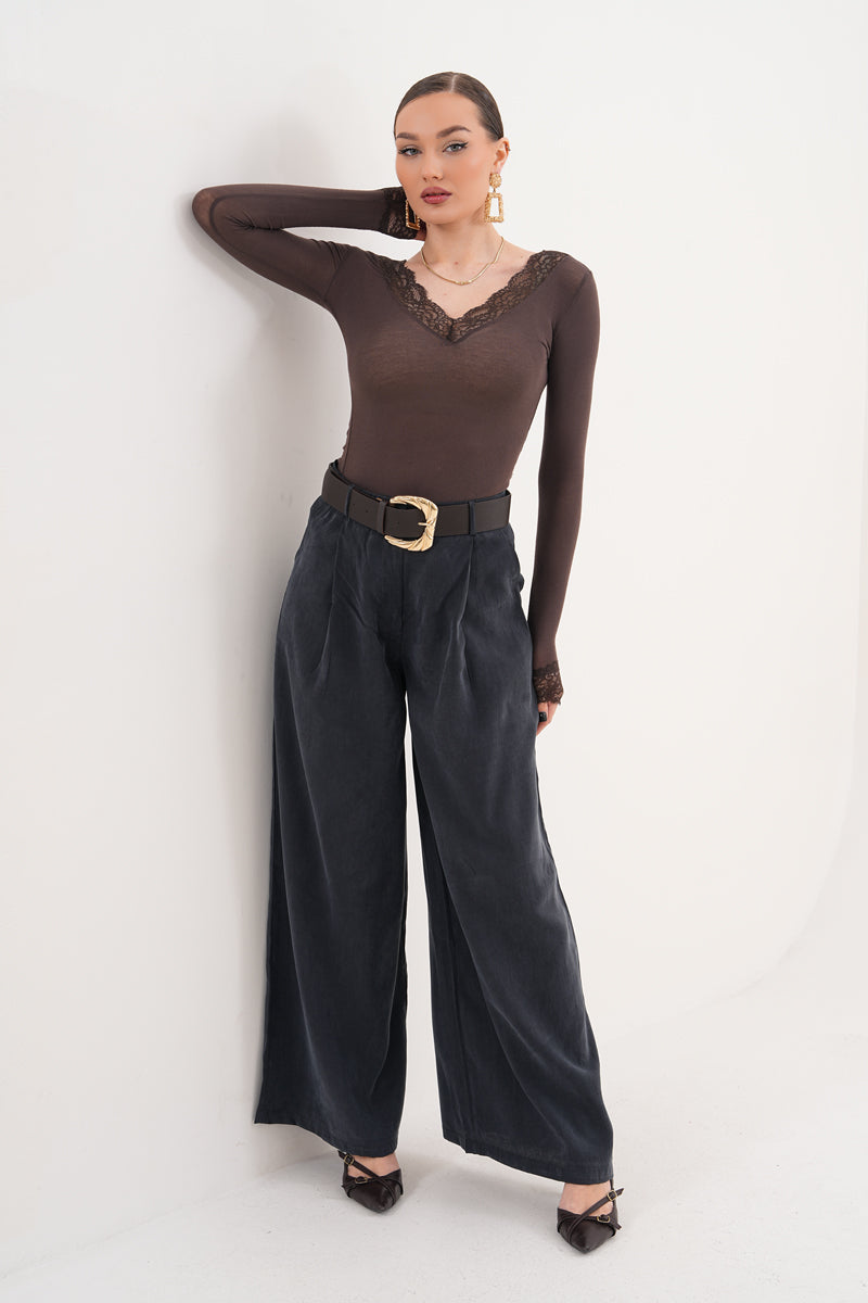 Tensel Kumaş Antrasit Kemer Detaylı Pantolon