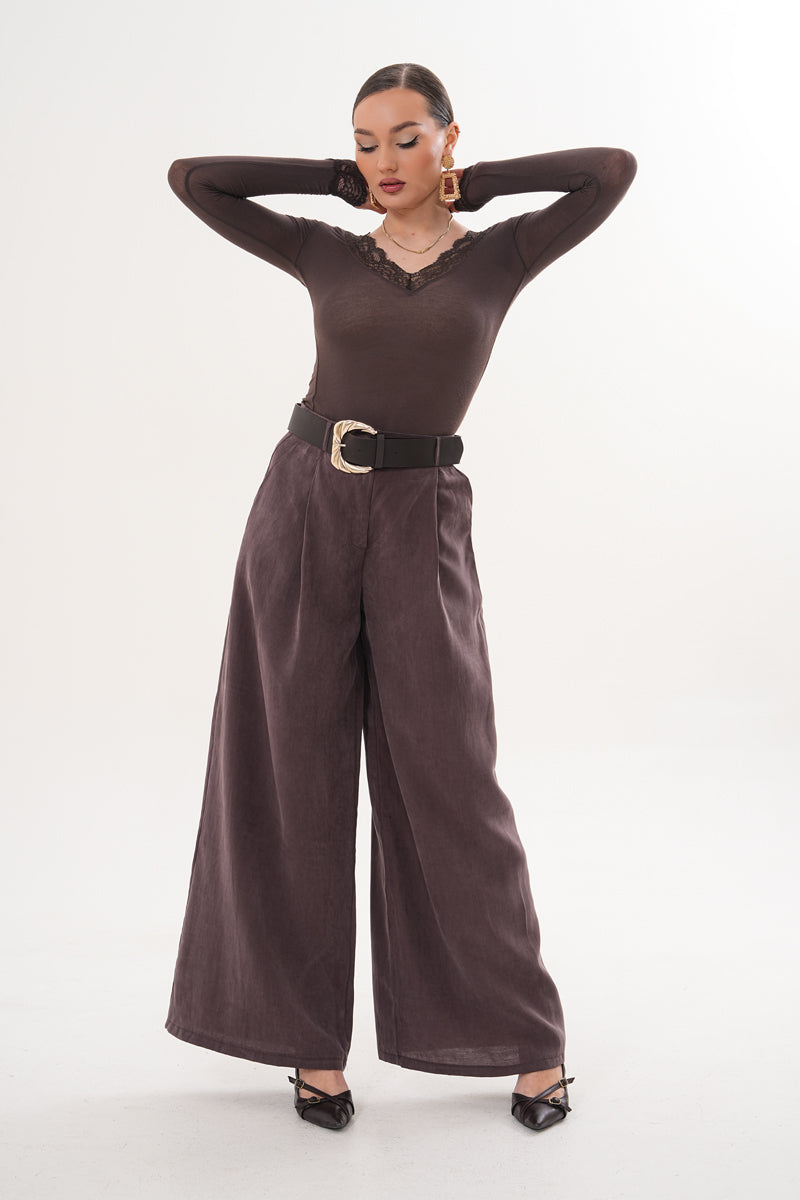 Tensel Kumaş Kahverengi Kemer Detaylı Pantolon