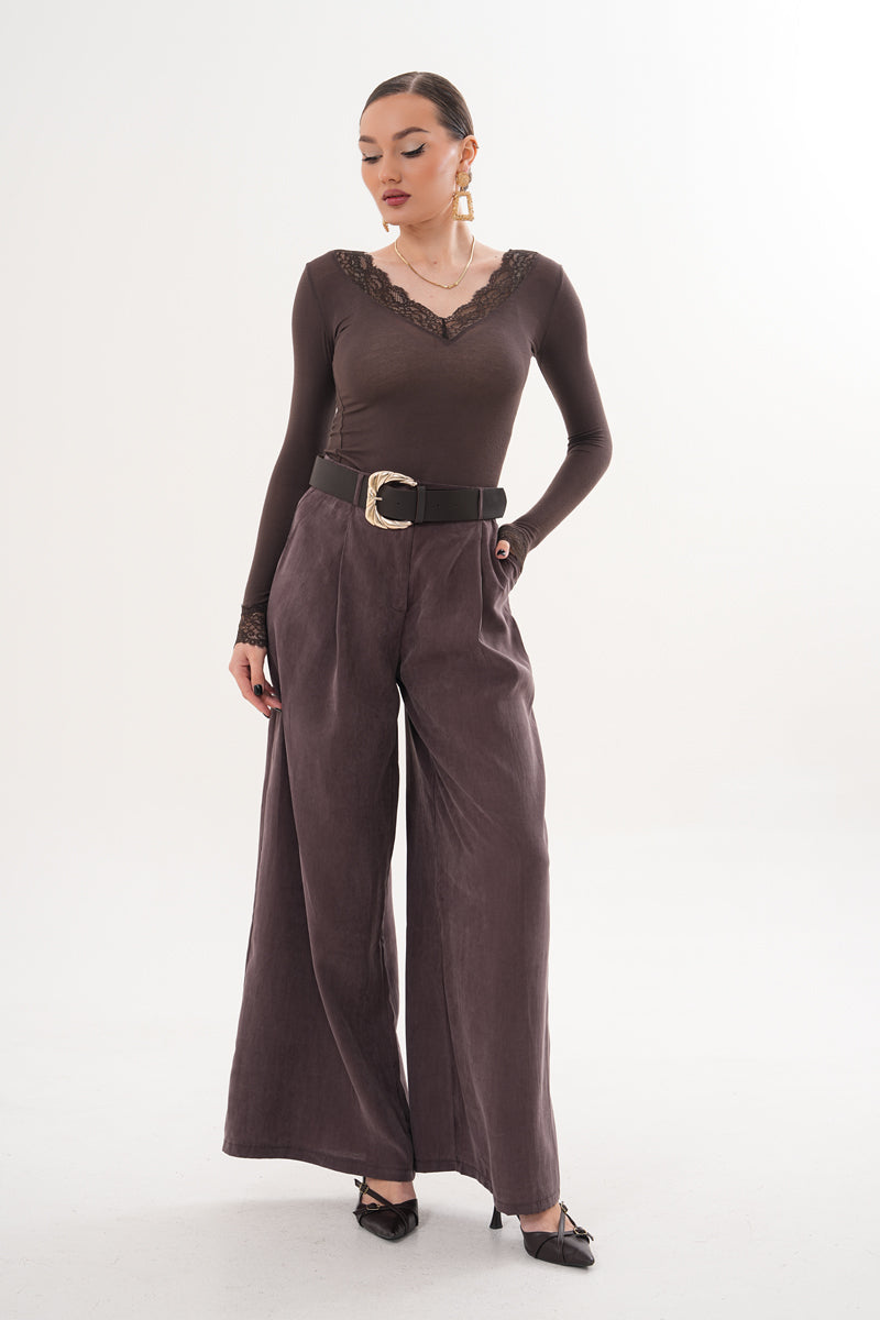Tensel Kumaş Kahverengi Kemer Detaylı Pantolon