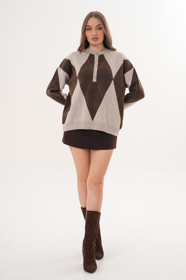 Kahve Krem Çizgili Yaka Düğmeli Kazak