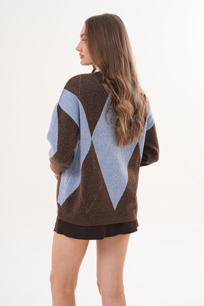 Mavi Kahverengi Çizgili Yaka Düğmeli Kazak