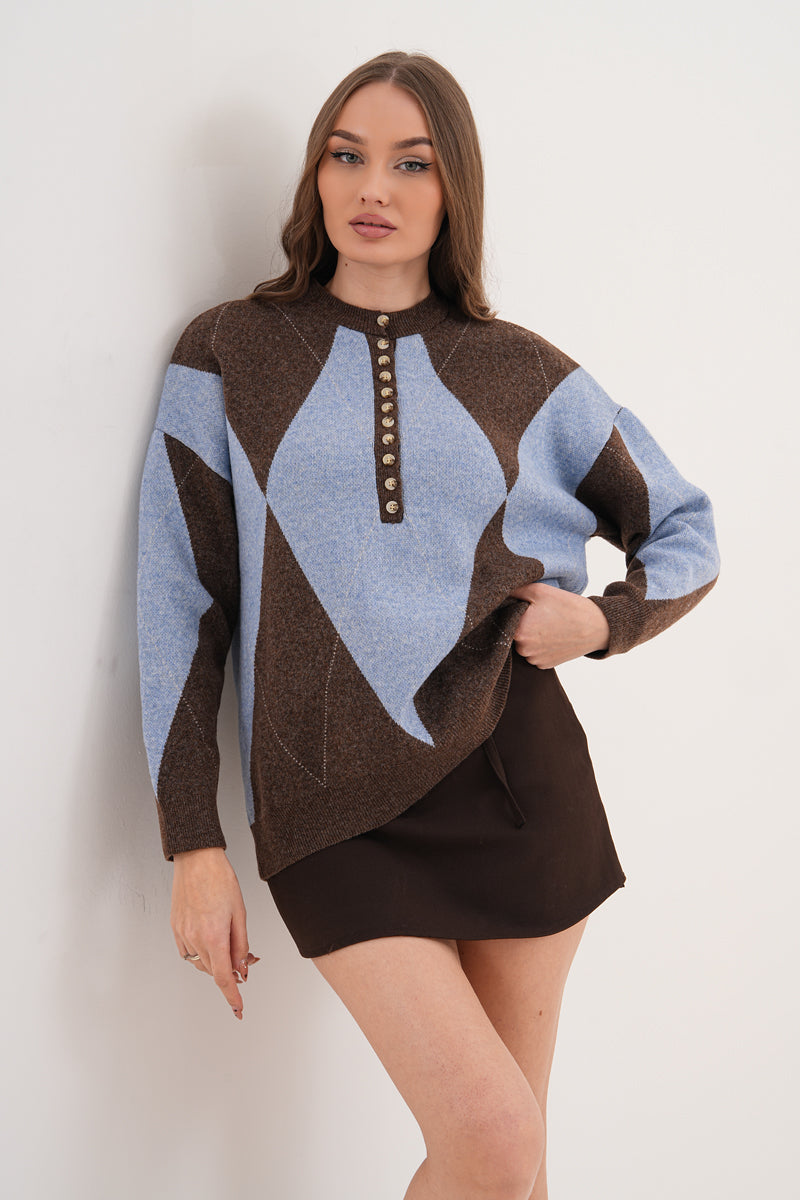 Mavi Kahverengi Çizgili Yaka Düğmeli Kazak