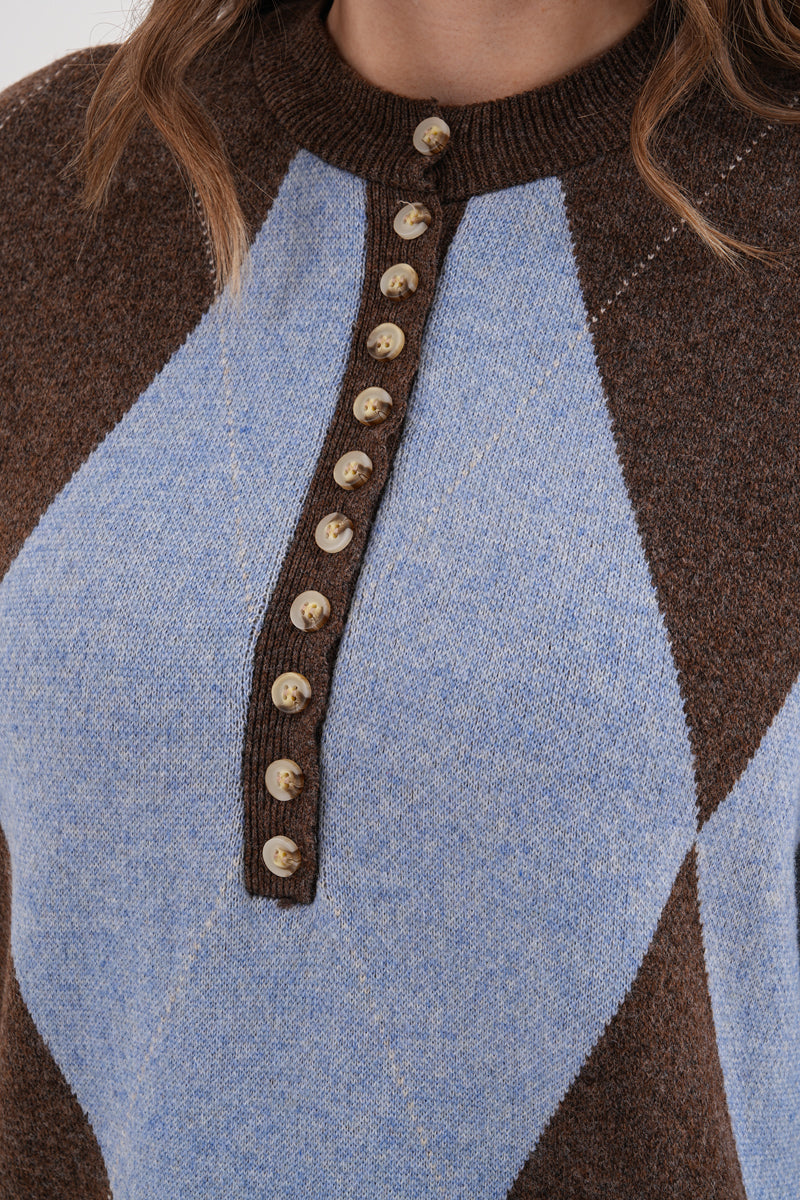 Mavi Kahverengi Çizgili Yaka Düğmeli Kazak