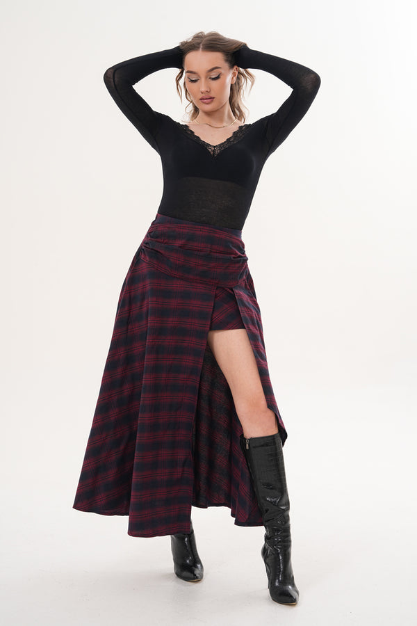 Bordo Piliseli Yırtmaçlı Pötikare Desenli Etek