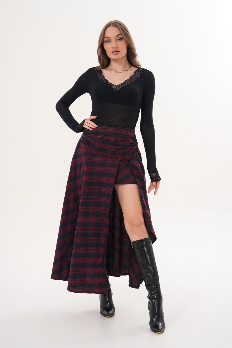 Bordo Piliseli Yırtmaçlı Pötikare Desenli Etek