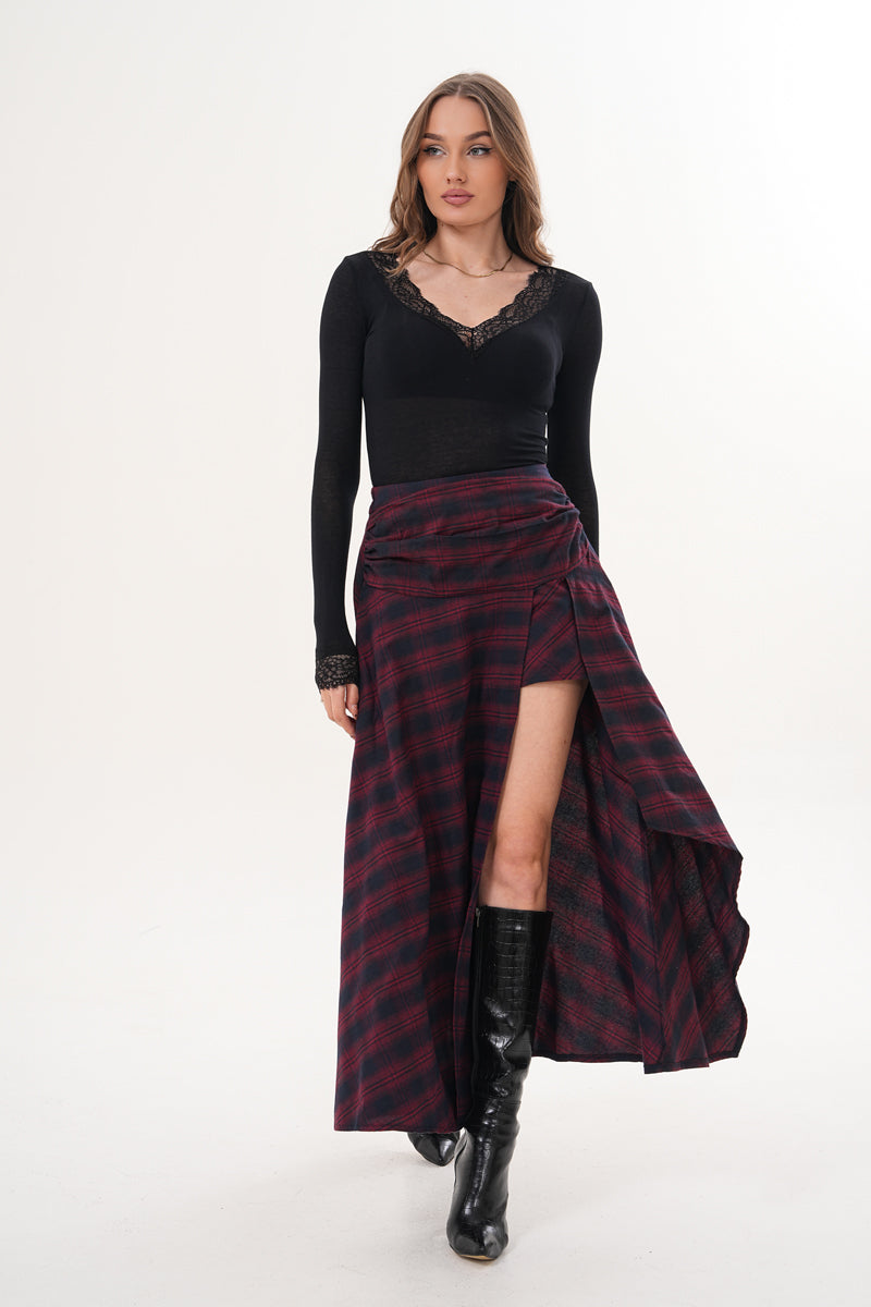 Bordo Piliseli Yırtmaçlı Pötikare Desenli Etek