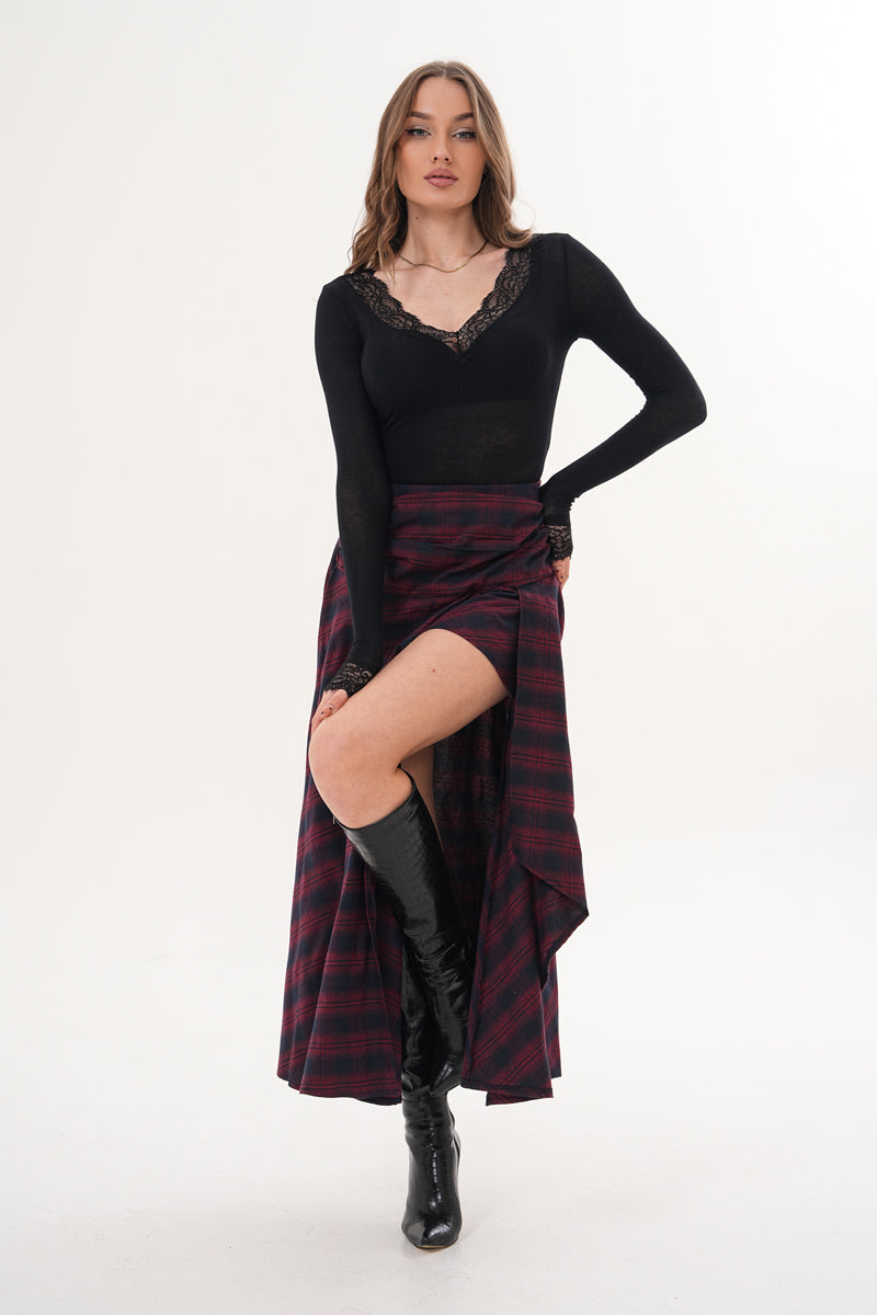 Bordo Piliseli Yırtmaçlı Pötikare Desenli Etek