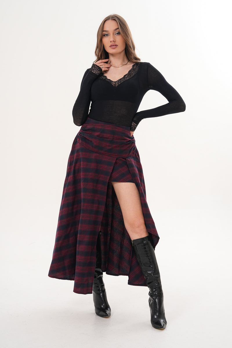 Bordo Piliseli Yırtmaçlı Pötikare Desenli Etek