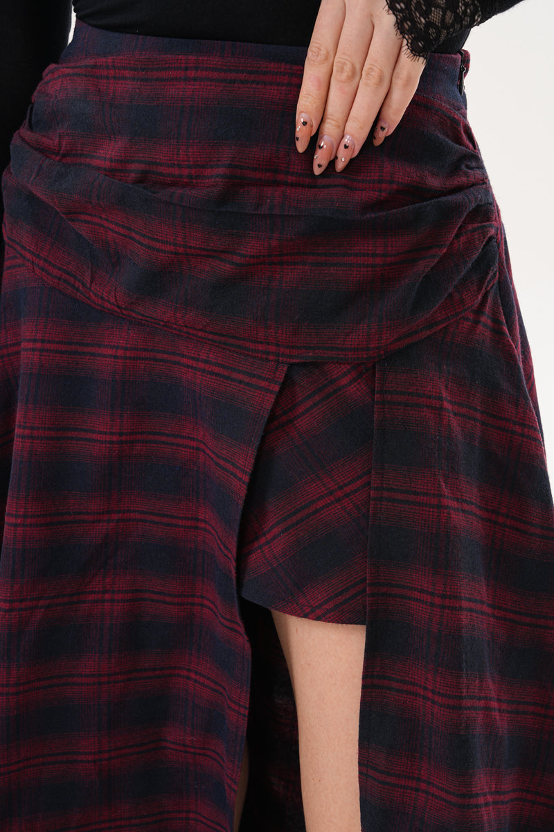 Bordo Piliseli Yırtmaçlı Pötikare Desenli Etek