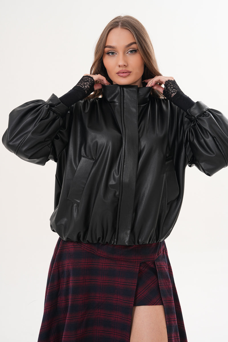 Omuz Vatka Detaylı Bomber Deri Ceket