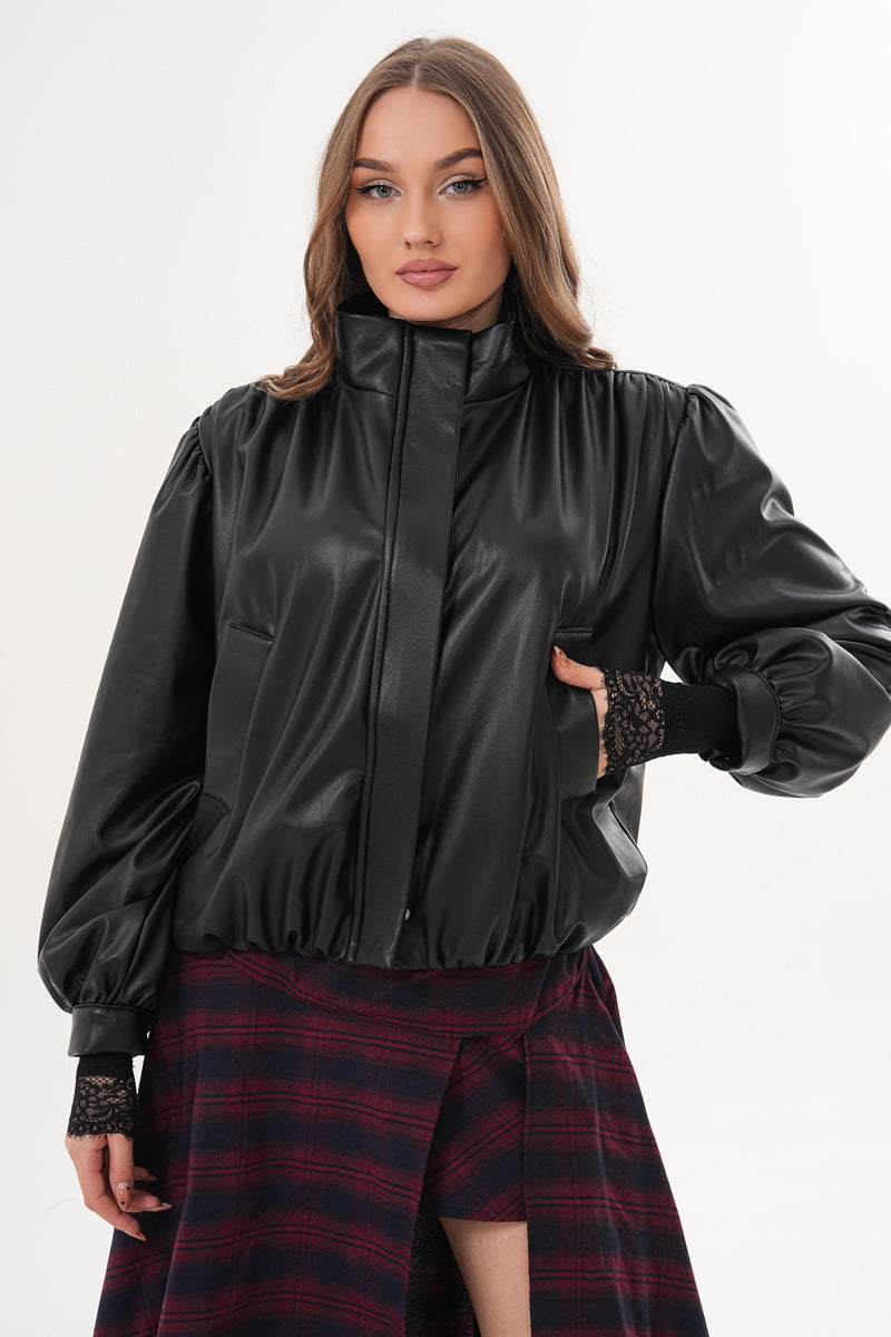 Omuz Vatka Detaylı Bomber Deri Ceket