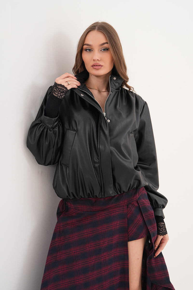 Omuz Vatka Detaylı Bomber Deri Ceket