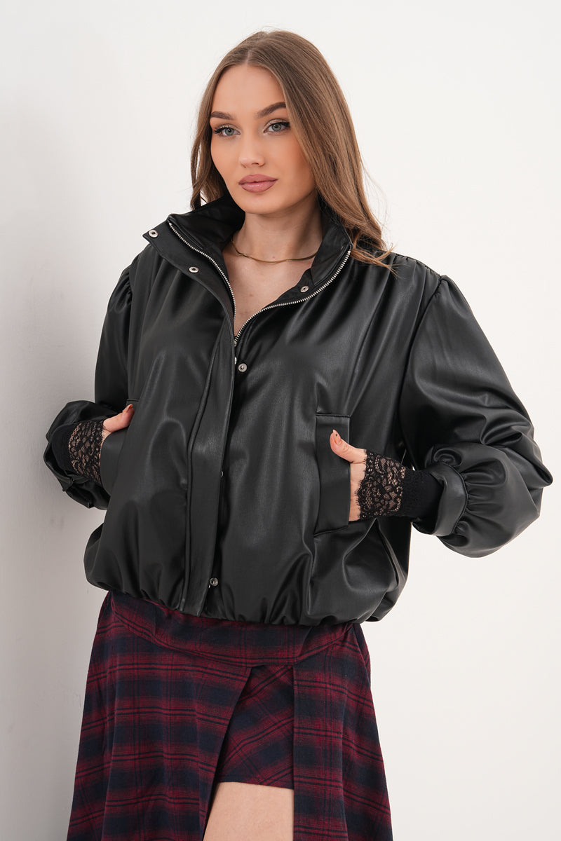 Omuz Vatka Detaylı Bomber Deri Ceket