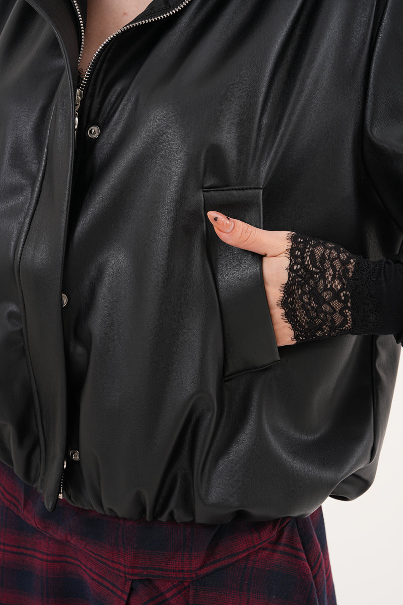 Omuz Vatka Detaylı Bomber Deri Ceket