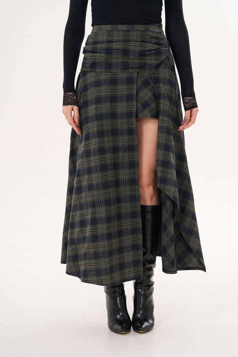 Yeşil Piliseli Yırtmaçlı Pötikare Desenli Etek