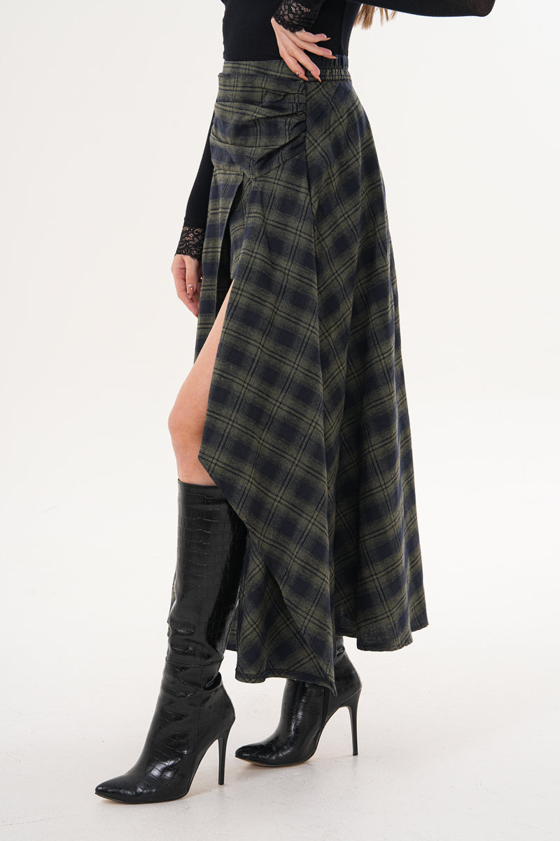 Yeşil Piliseli Yırtmaçlı Pötikare Desenli Etek