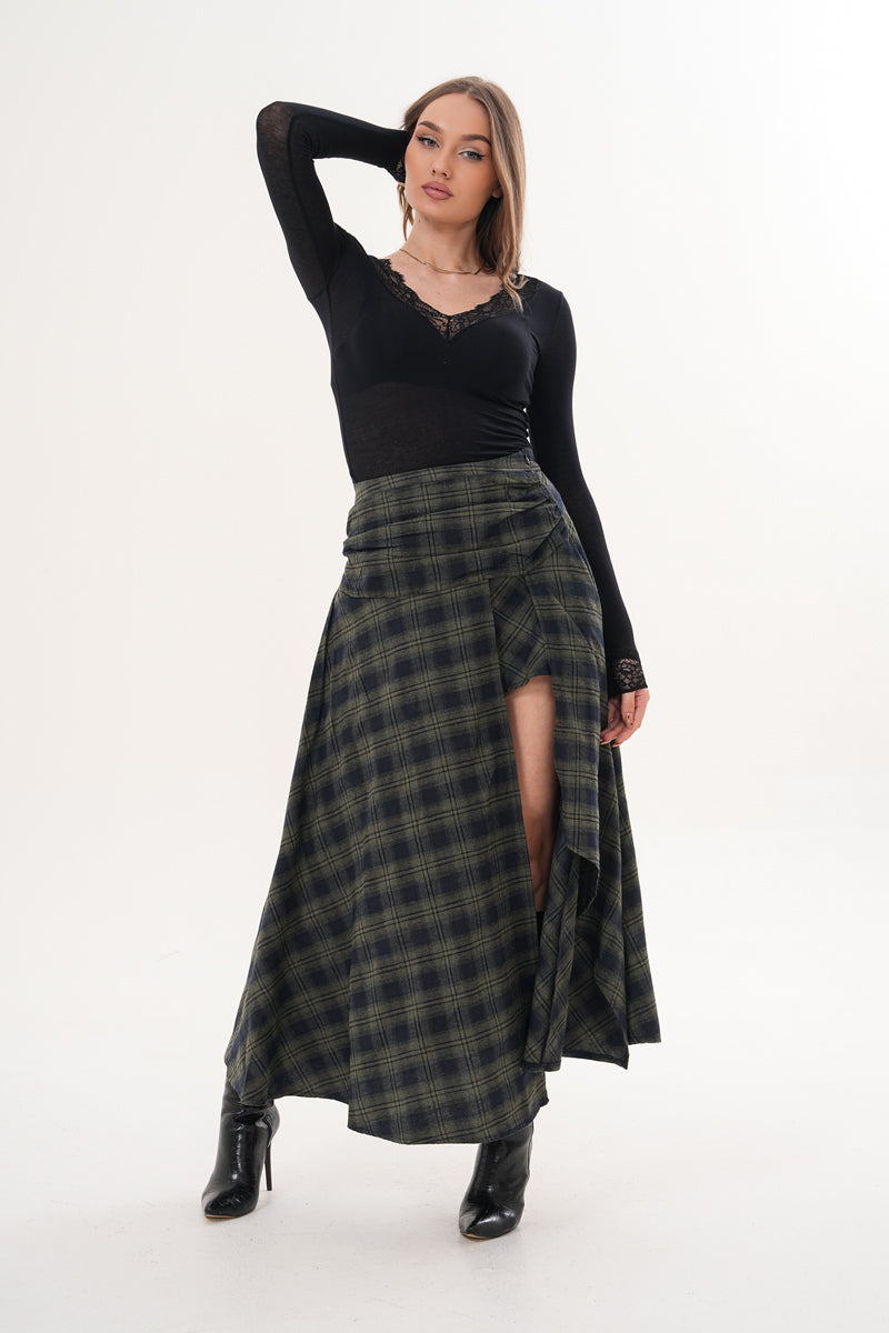 Yeşil Piliseli Yırtmaçlı Pötikare Desenli Etek