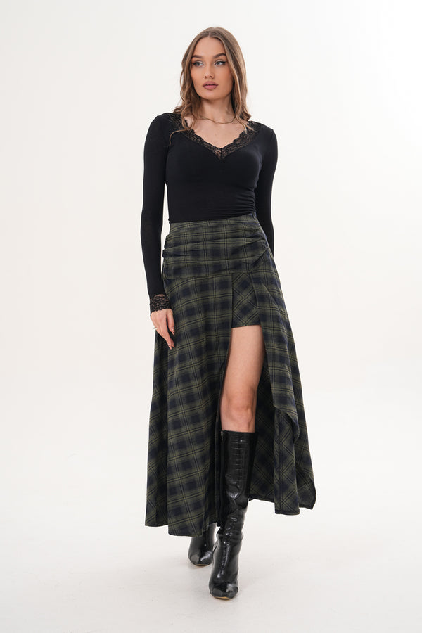 Yeşil Piliseli Yırtmaçlı Pötikare Desenli Etek