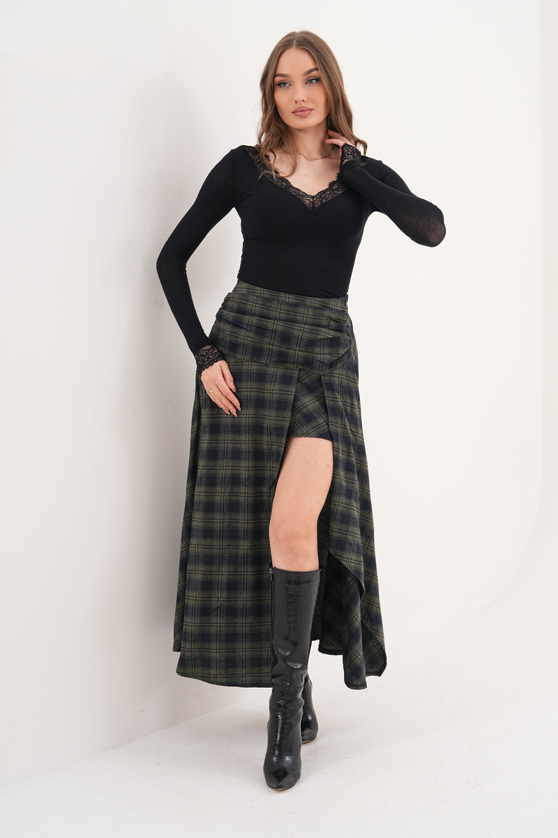 Yeşil Piliseli Yırtmaçlı Pötikare Desenli Etek