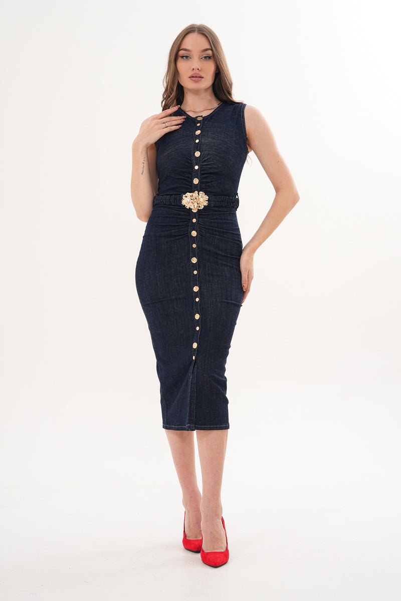 Midi Boy Düğme Kemer Detaylı Jean Elbise