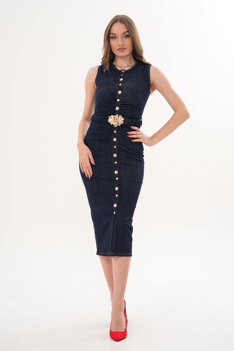 Midi Boy Düğme Kemer Detaylı Jean Elbise