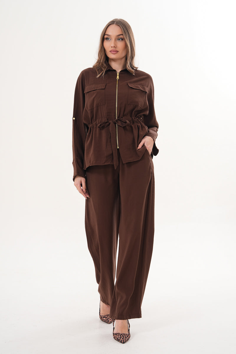 Tensel Kumaş Pantolon Ceket Kahverengi Takım