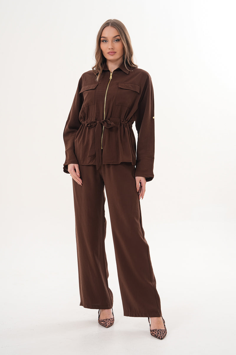 Tensel Kumaş Pantolon Ceket Kahverengi Takım