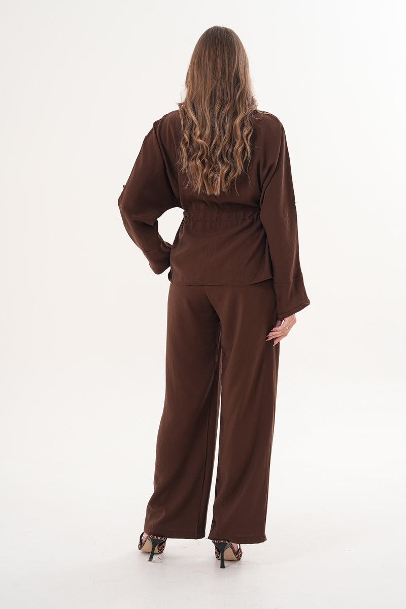 Tensel Kumaş Pantolon Ceket Kahverengi Takım