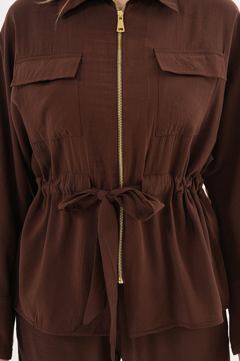 Tensel Kumaş Pantolon Ceket Kahverengi Takım