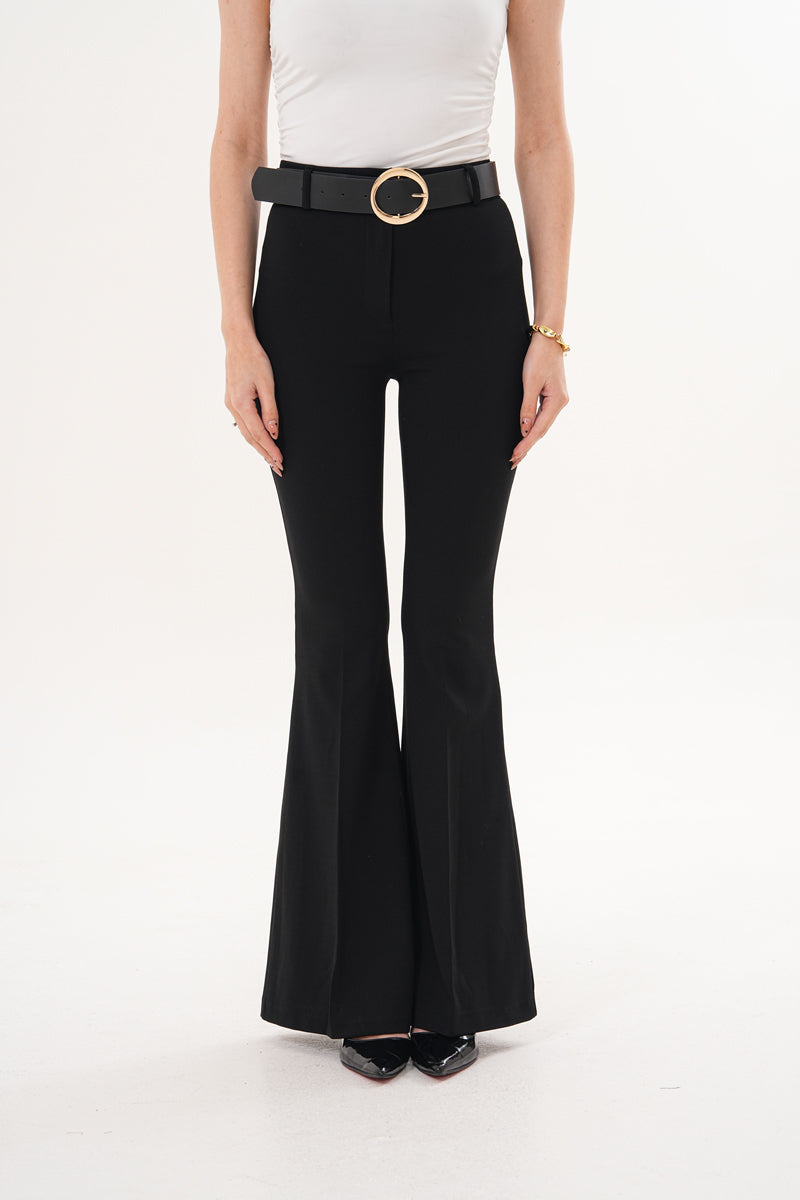 Streç Kumaş İspanyol Paça Siyah Kemerli Pantolon