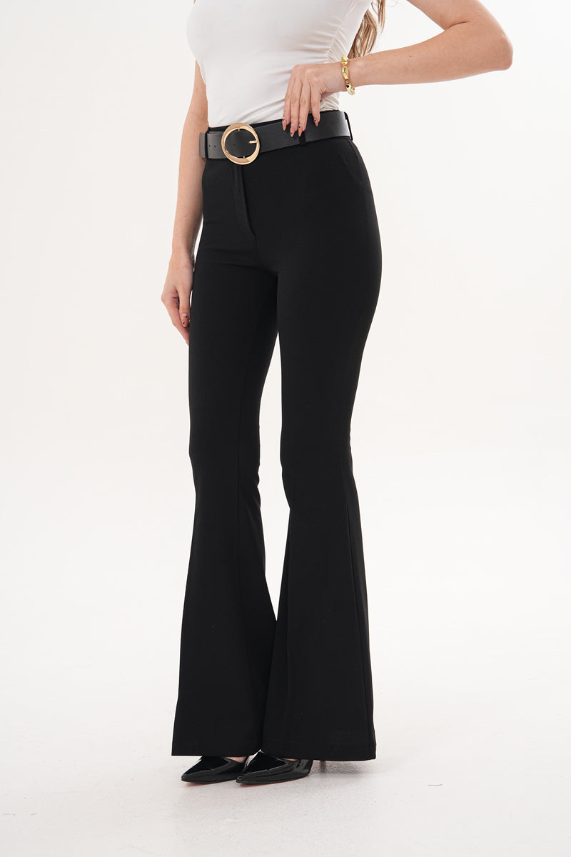 Streç Kumaş İspanyol Paça Siyah Kemerli Pantolon