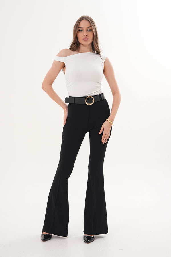 Streç Kumaş İspanyol Paça Siyah Kemerli Pantolon
