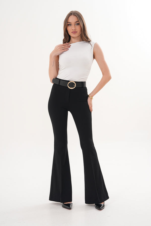 Streç Kumaş İspanyol Paça Siyah Kemerli Pantolon
