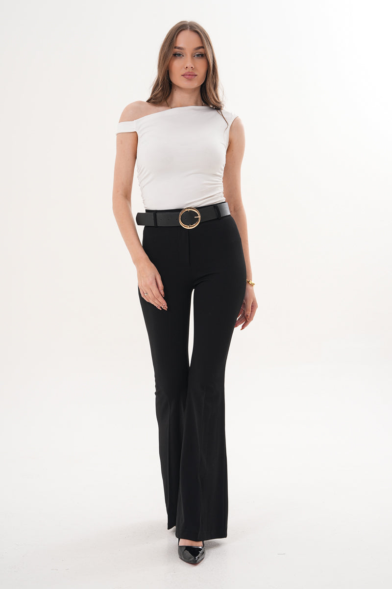 Streç Kumaş İspanyol Paça Siyah Kemerli Pantolon