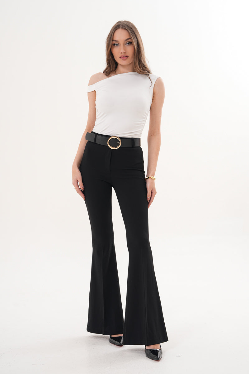 Streç Kumaş İspanyol Paça Siyah Kemerli Pantolon