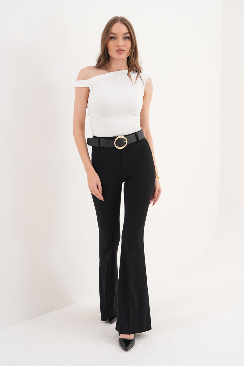 Streç Kumaş İspanyol Paça Siyah Kemerli Pantolon