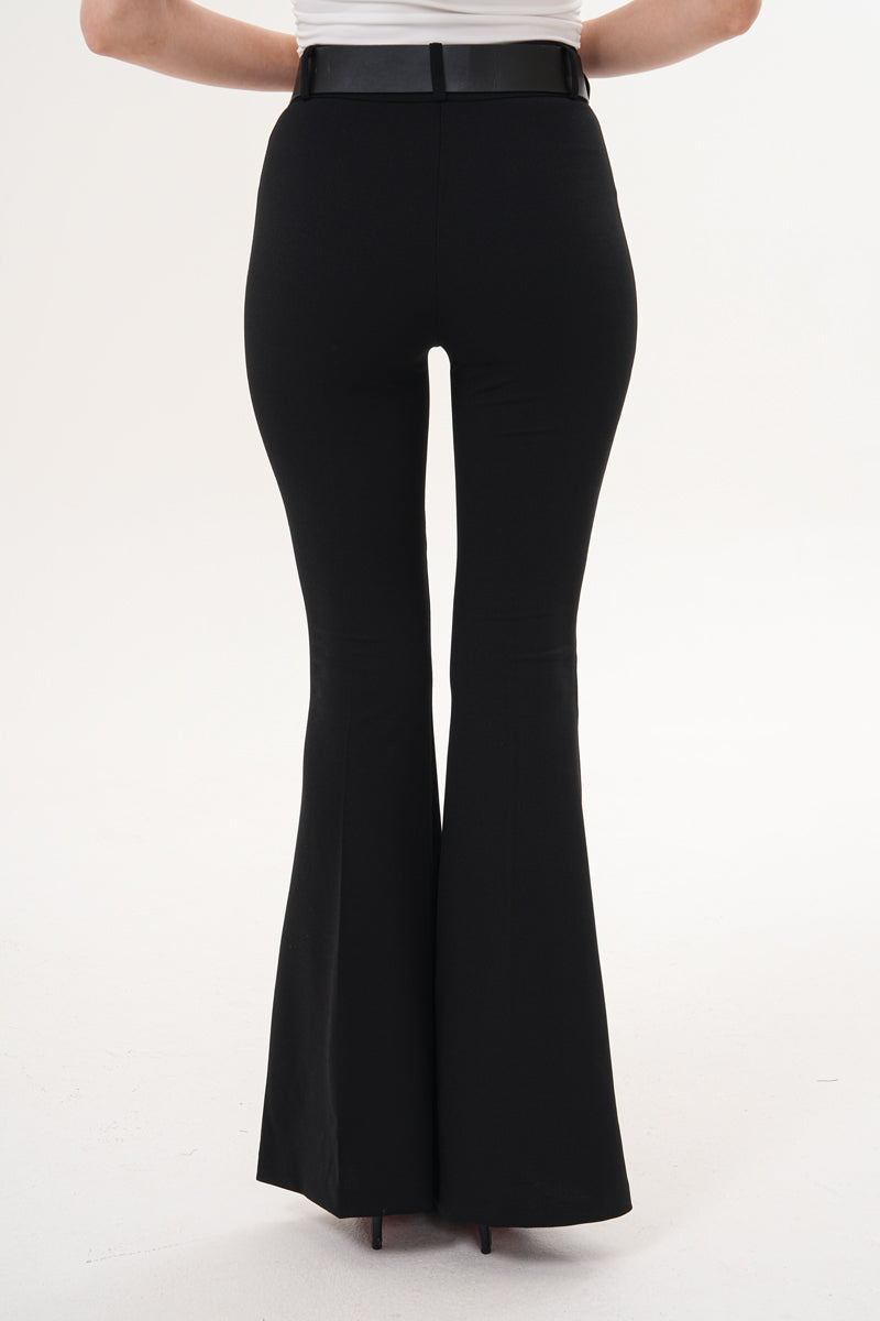 Streç Kumaş İspanyol Paça Siyah Kemerli Pantolon