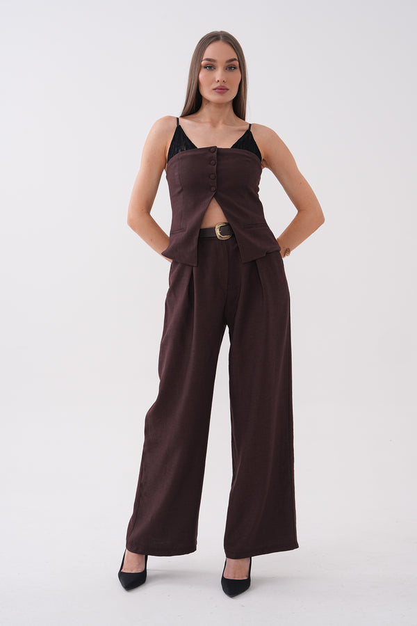 Kahverengi Yaka Dantel Detaylı Takım